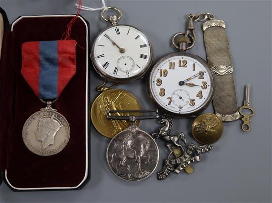 Two silver pocket watches, three medals to SPR. W.P. OBrien.